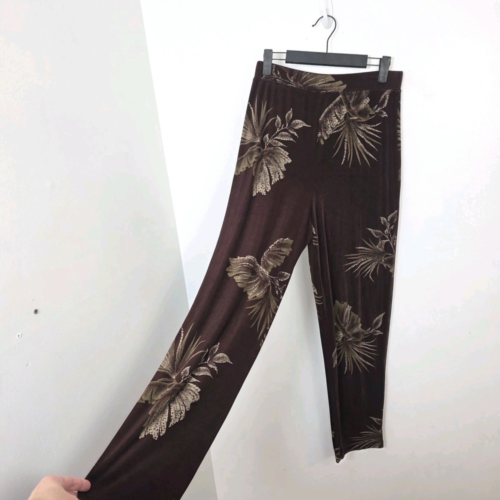 Vintage Citiknits Brown Floral Hawaiian Wide Leg Stretchy Palazzo Pants Size S